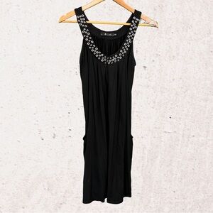 Black Sleeveless Mini Dress with Silver Ruched Embellishments
